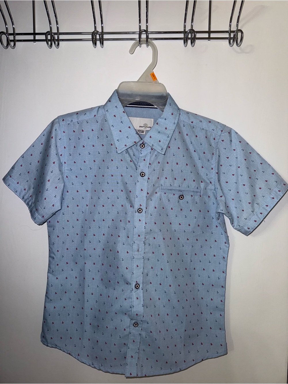 Boys' Light Blue Short-Sleeve Button-Down Shirt with Micro Anchor Print